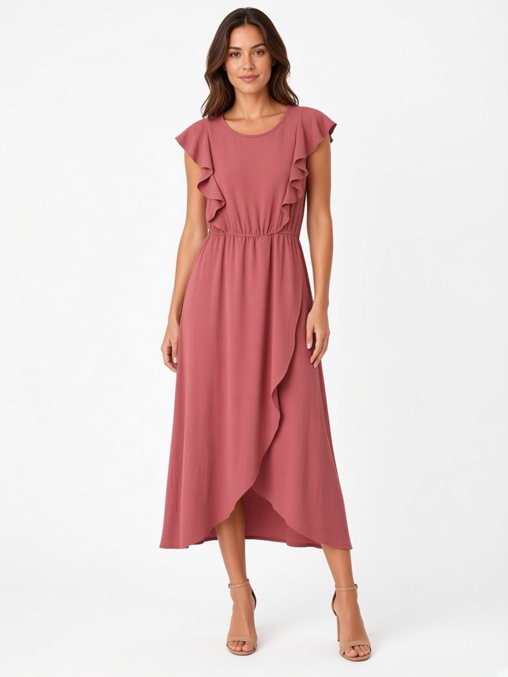Ruffle Sleeve Wrap Midi Dress in Dusty Rose